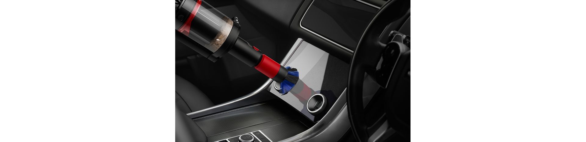 The Scratch-free dusting brush is used to clean a screen in a car.