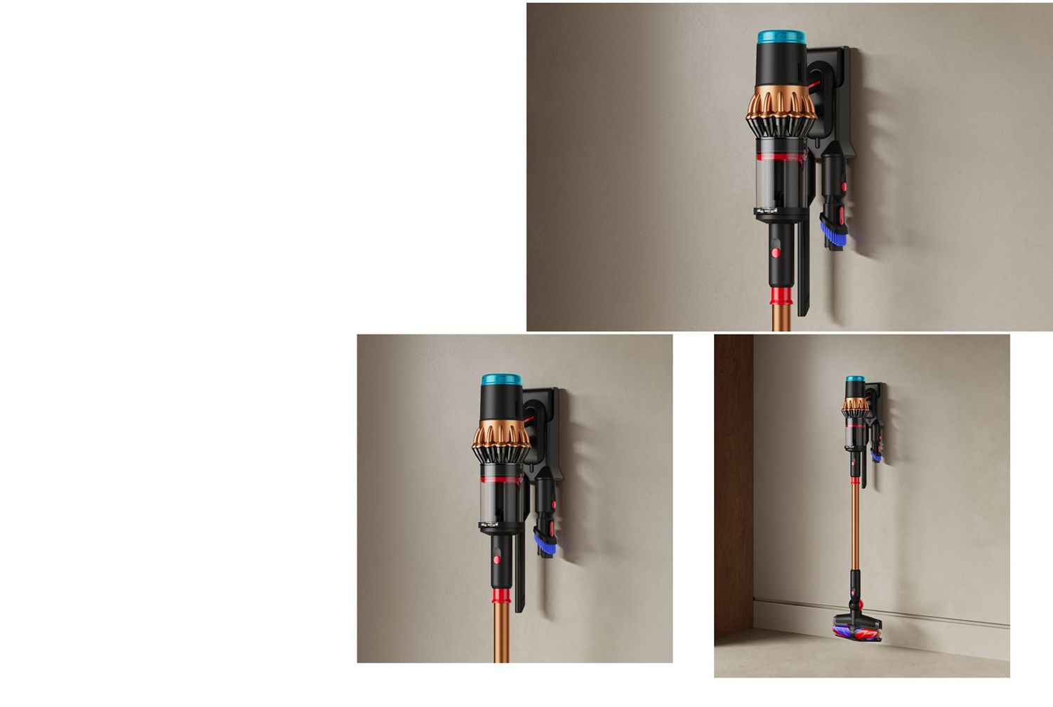 The Dyson V16 Piston Animal  vacuum charging on its Wall dock.