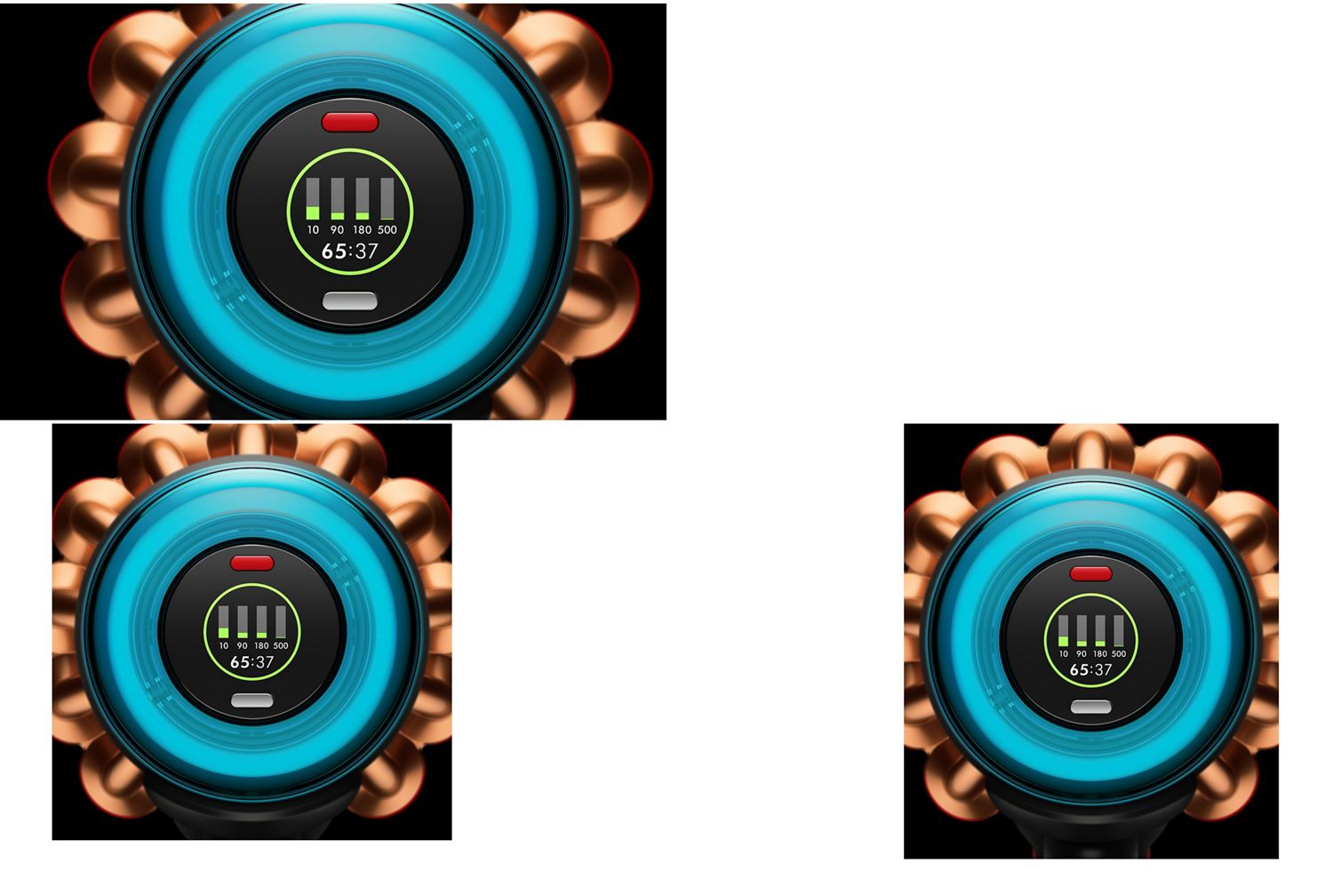 The LCD screen of the Dyson V16 Piston Animal vacuum shows remaining run time and particle amounts.