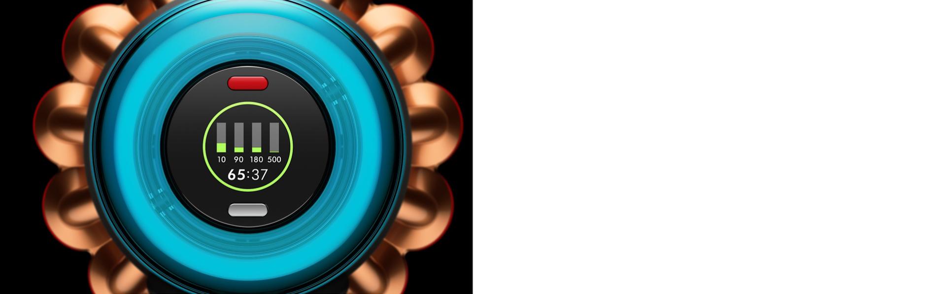 La pantalla LCD de la aspiradora Dyson V16 Piston Animal muestra el tiempo de funcionamiento restante y las cantidades de partículas.