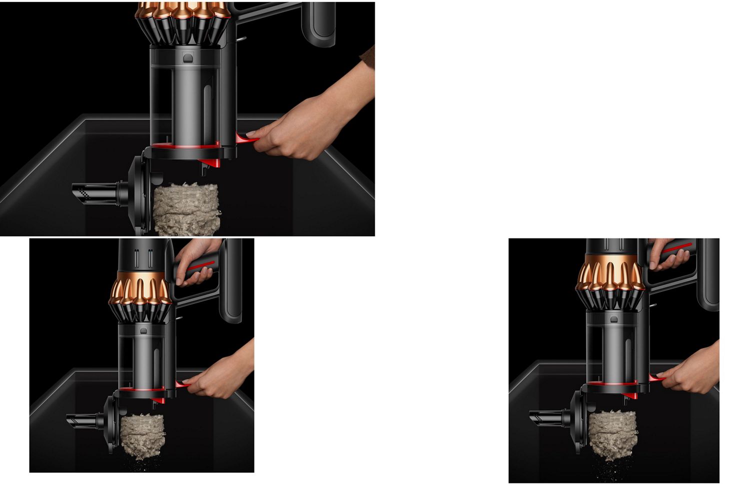 A closeup of the vacuum's bin being emptied.