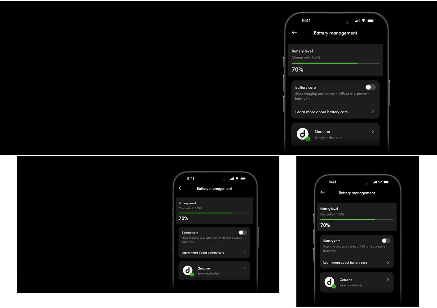 Der Bildschirm „Batteriemanagement“ in der MyDyson-App.