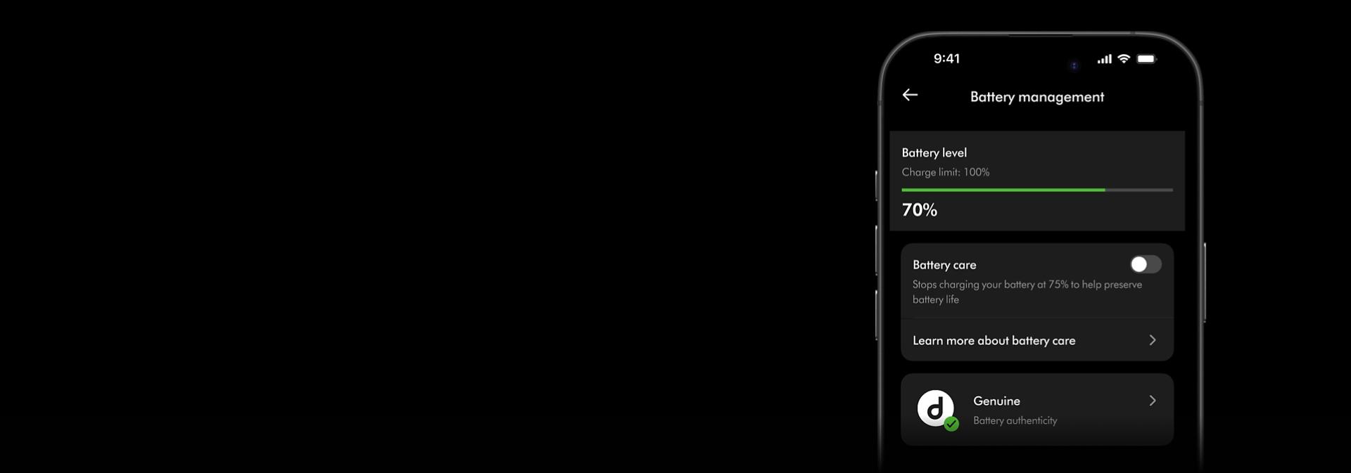 The Battery management screen on the MyDyson app.