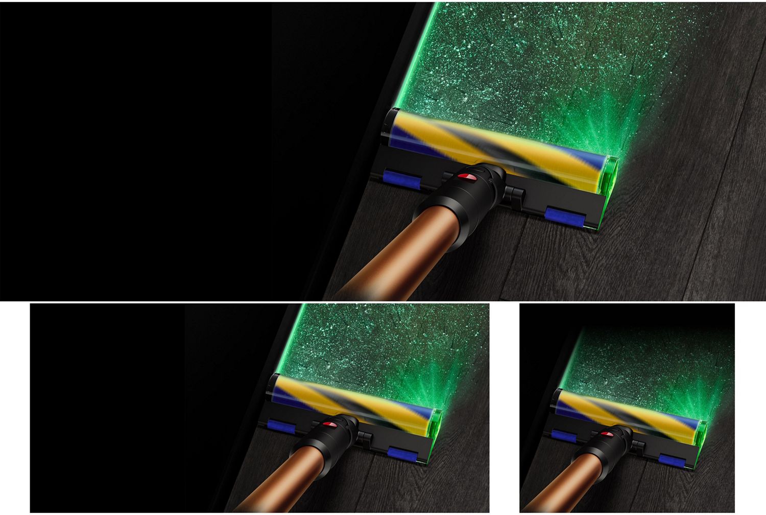 The Dyson Fluffy Optic cleaner head illuminates hard-to-see dust and debris on a hard floor.