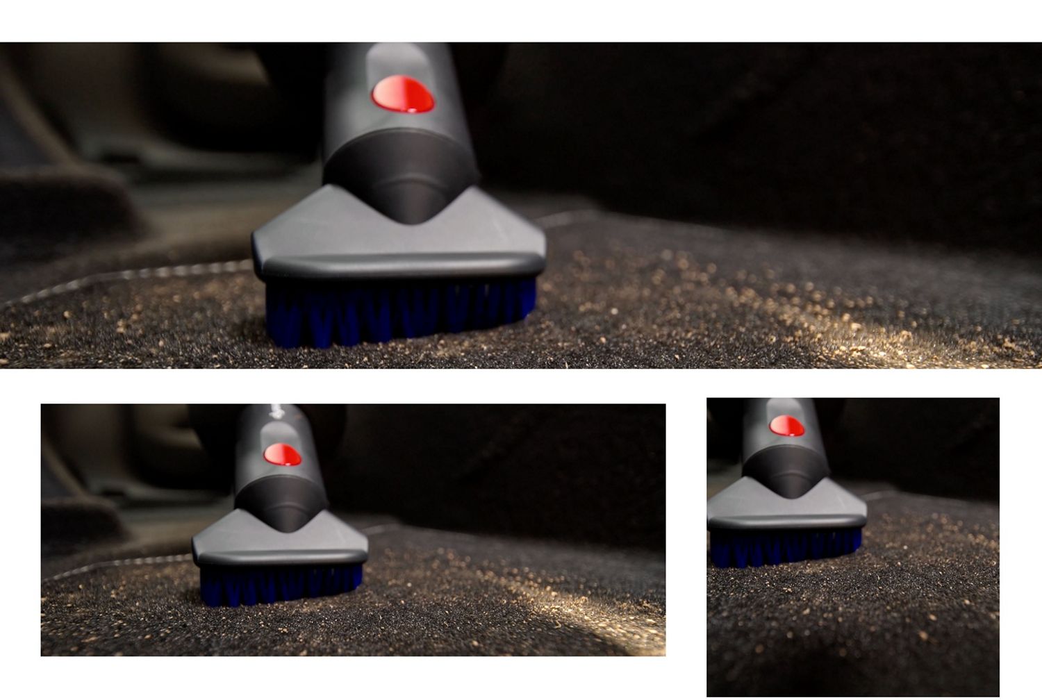 La spazzola per sporco difficile viene utilizzata per rimuovere polvere e detriti dal tappetino di un’auto.