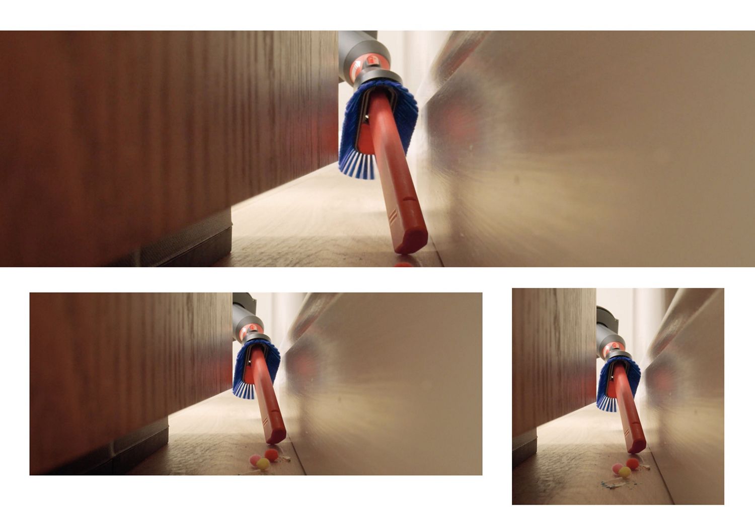 La bocchetta a lancia per spazi ristretti 2.0 viene utilizzata per rimuovere i detriti da dietro un mobile.