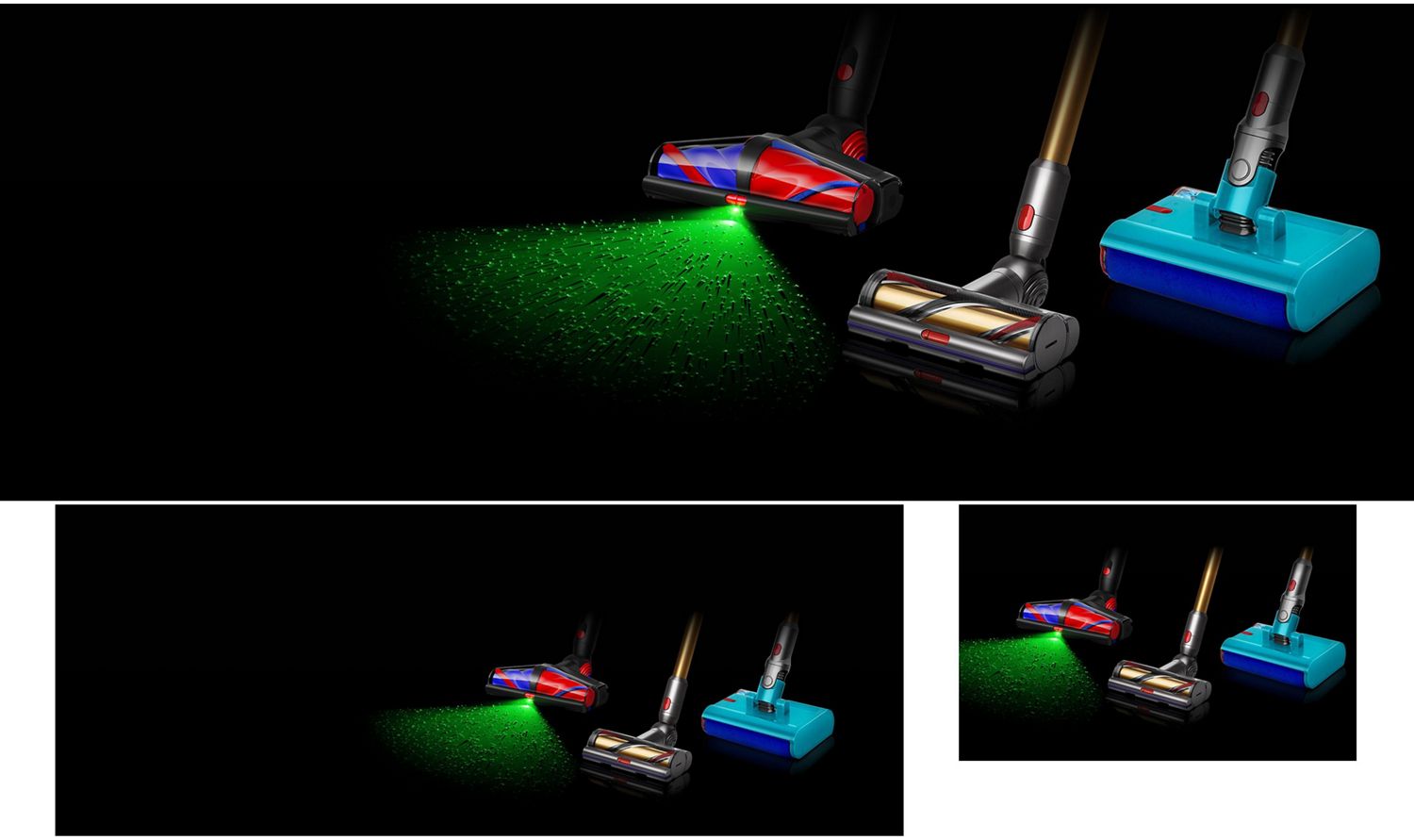 A Dyson V15s Submarine Detect Absolute wet and dry cordless vacuum cleaner, a Dyson Gen5outsize vacuum cordless vacuum cleaner, a Dyson WashG1 wet cleaner, and a Dyson 360 VisNav robot vacuum cleaner