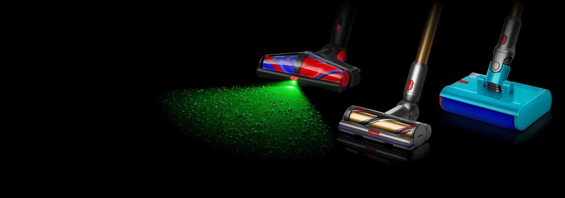 The Dyson Piston Animal cordless vacuum beside two other Dyson vacuums.