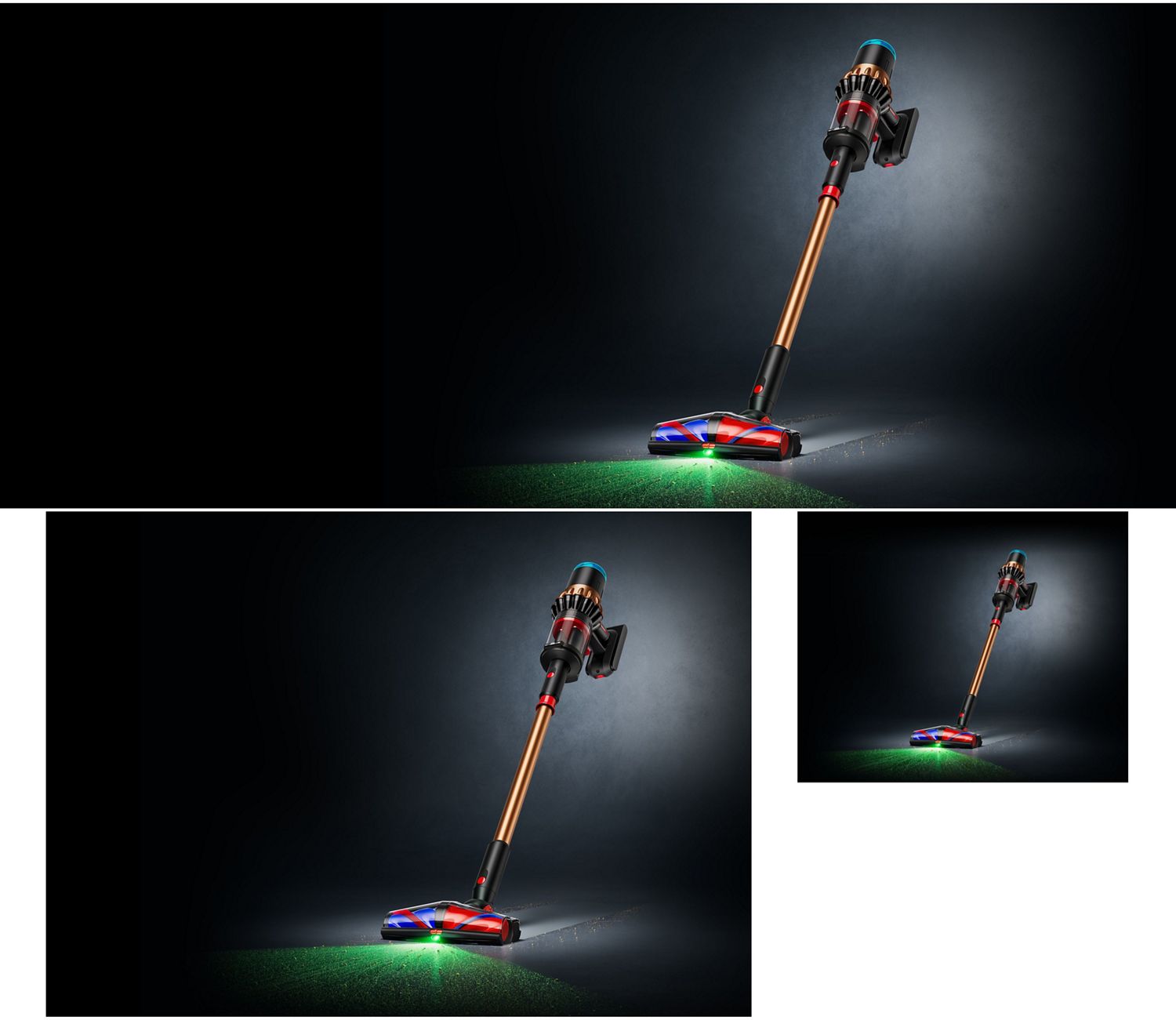 The Dyson Piston Animal cordless vacuum cleaner upright on a dark background, illuminating a hard floor.