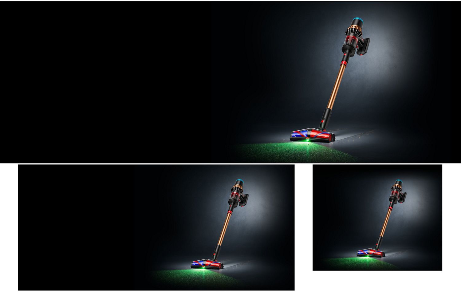 Dyson Piston Animal sladdlös dammsugare stående på mörk bakgrund som lyser upp ett hårt golv.