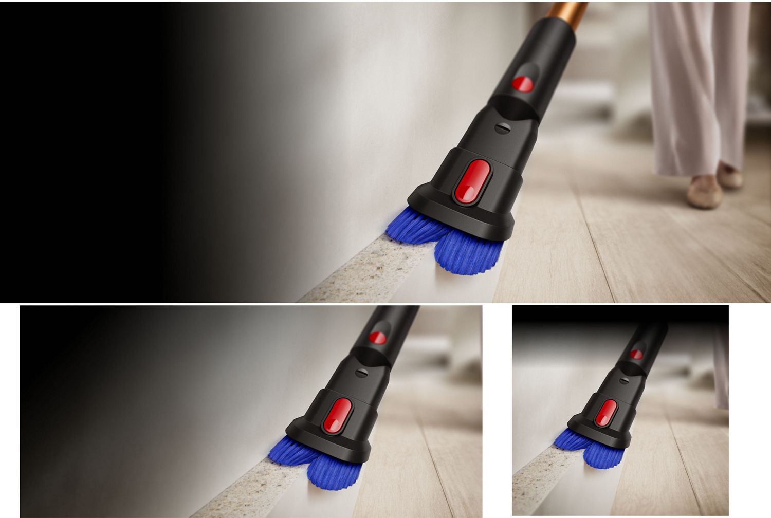 L’accessorio multifunzione viene utilizzato per rimuovere polvere e detriti da un battiscopa.