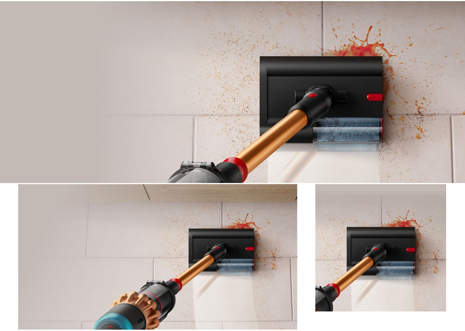 La spazzola lavapavimenti Dyson Submarine 2.0 viene utilizzata per pulire una macchia liquida su un pavimento.