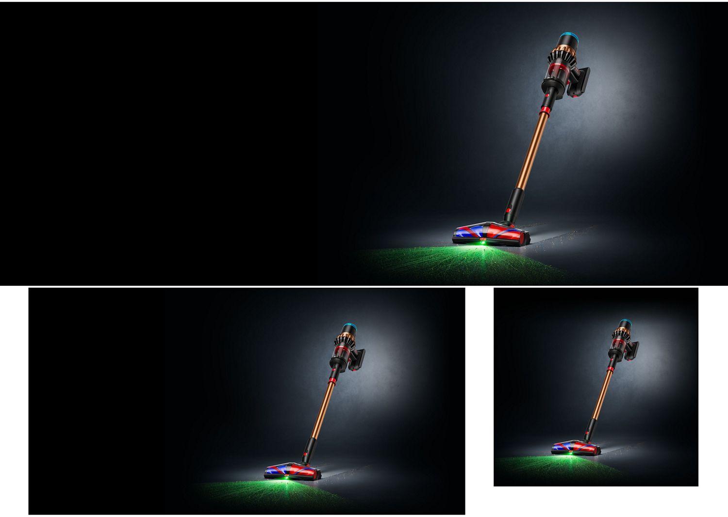 The Dyson Piston Animal cordless vacuum cleaner upright on a dark background, illuminating a hard floor.