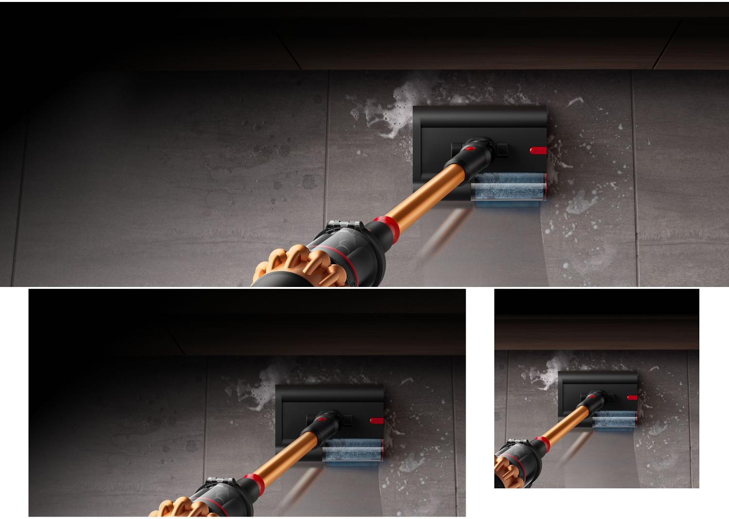 The Dyson Piston Submarine 2.0 wet cleaner head cleaning up spills.