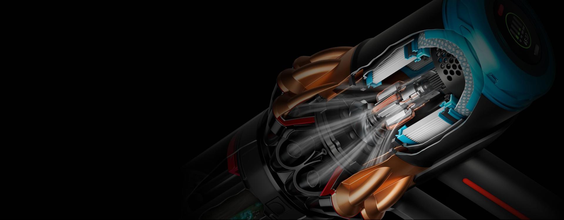 Juhtmeta tolmuimeja Dyson V16 Piston Animal läbilõige, kus on näha mootor.