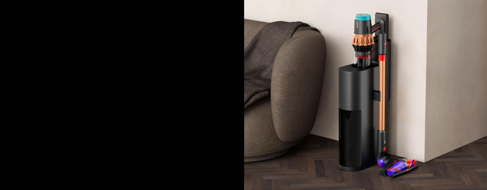 The Dyson V16 Piston Animal vacuum mounted in the upcoming Dyson self-emptying dock.