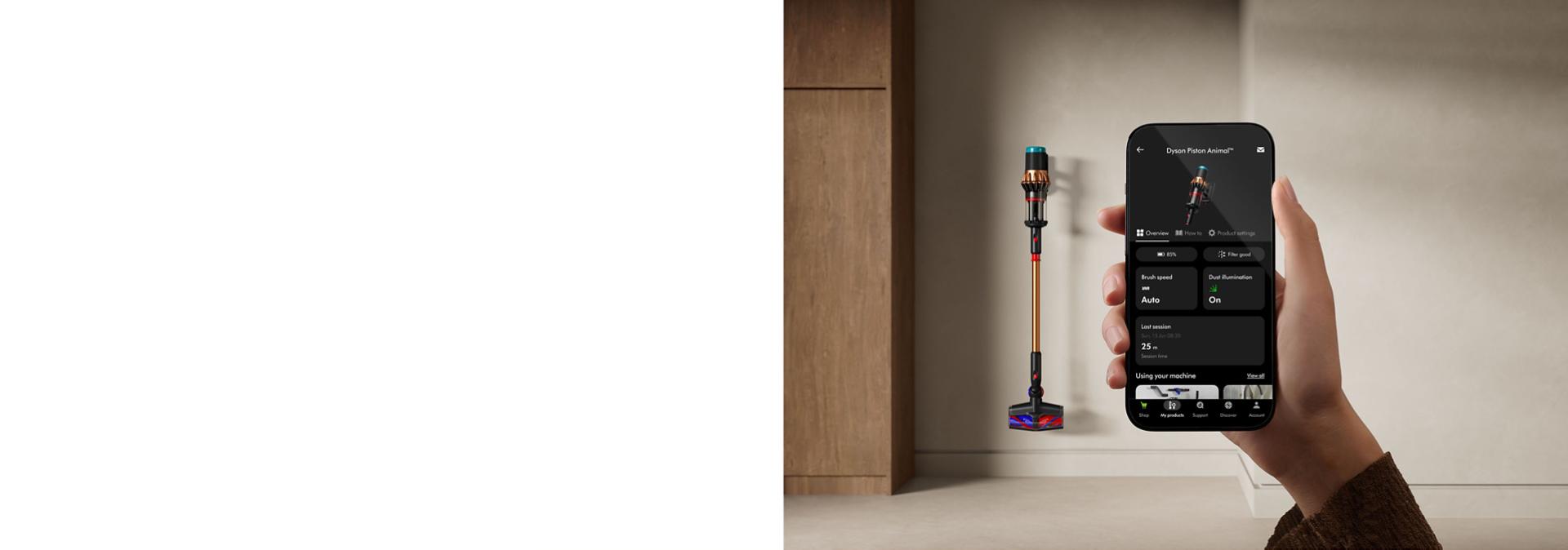 Tolmuimeja Dyson V16 Piston Animal kuvatakse rakenduses MyDyson.