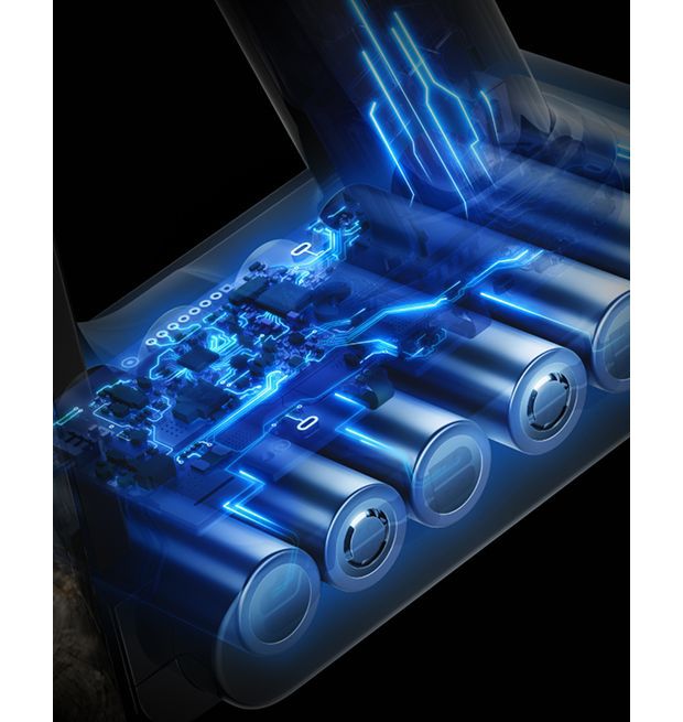 Dyson V8 Cyclone elektrikli süpürgenin içindeki pili gösteren kesit.