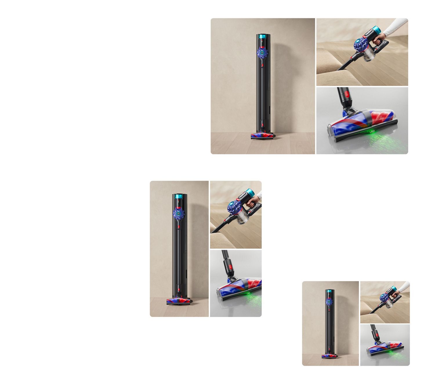 Dyson V10 Konical on its dock with highlights of handheld mode and the cleaner head.