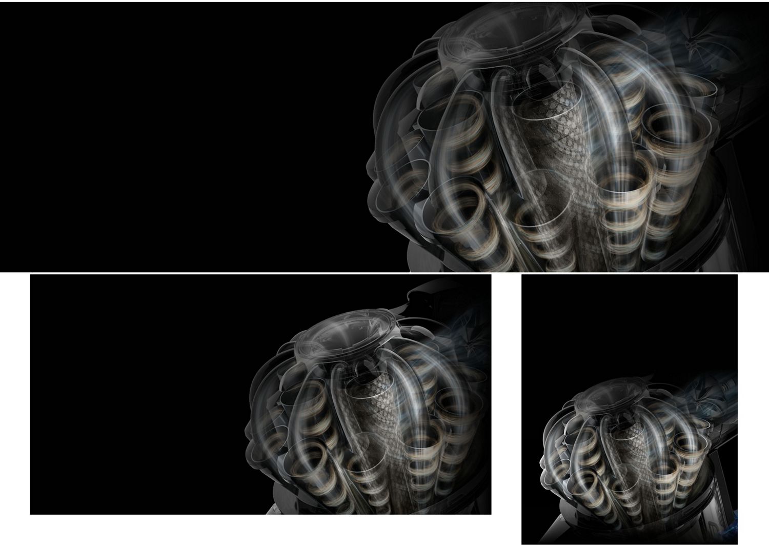 Dyson radial cyclone technology separating dust from the airflow.