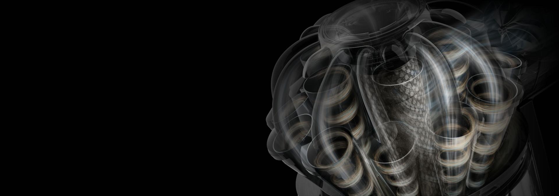 Dyson radial cyclone technology separating dust from the airflow.
