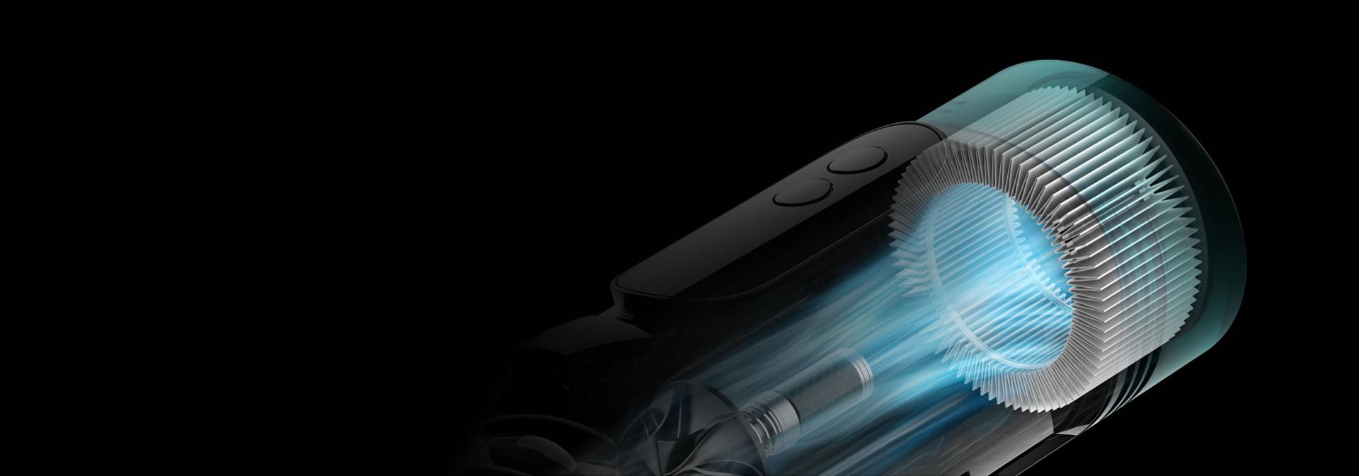 The filter and motor inside the Dyson V10 vacuum.
