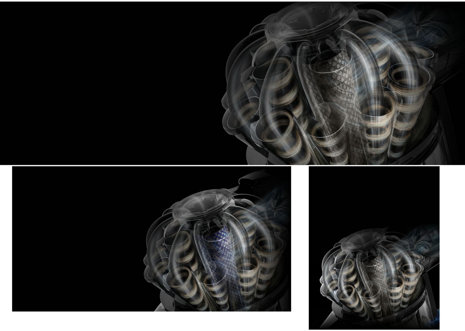 Dyson radial cyclone technology separating dust from the airflow.