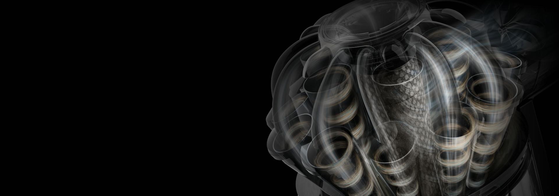 Dyson radial cyclone technology separating dust from the airflow.