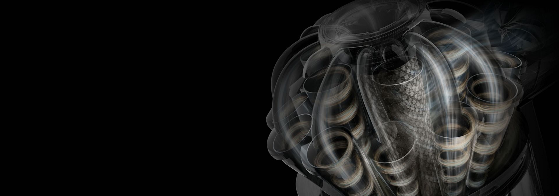 Dyson radial cyclone technology separating dust from the airflow.