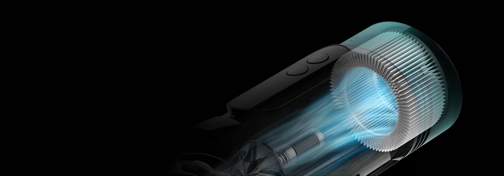 The filter and motor inside the Dyson V10 vacuum.