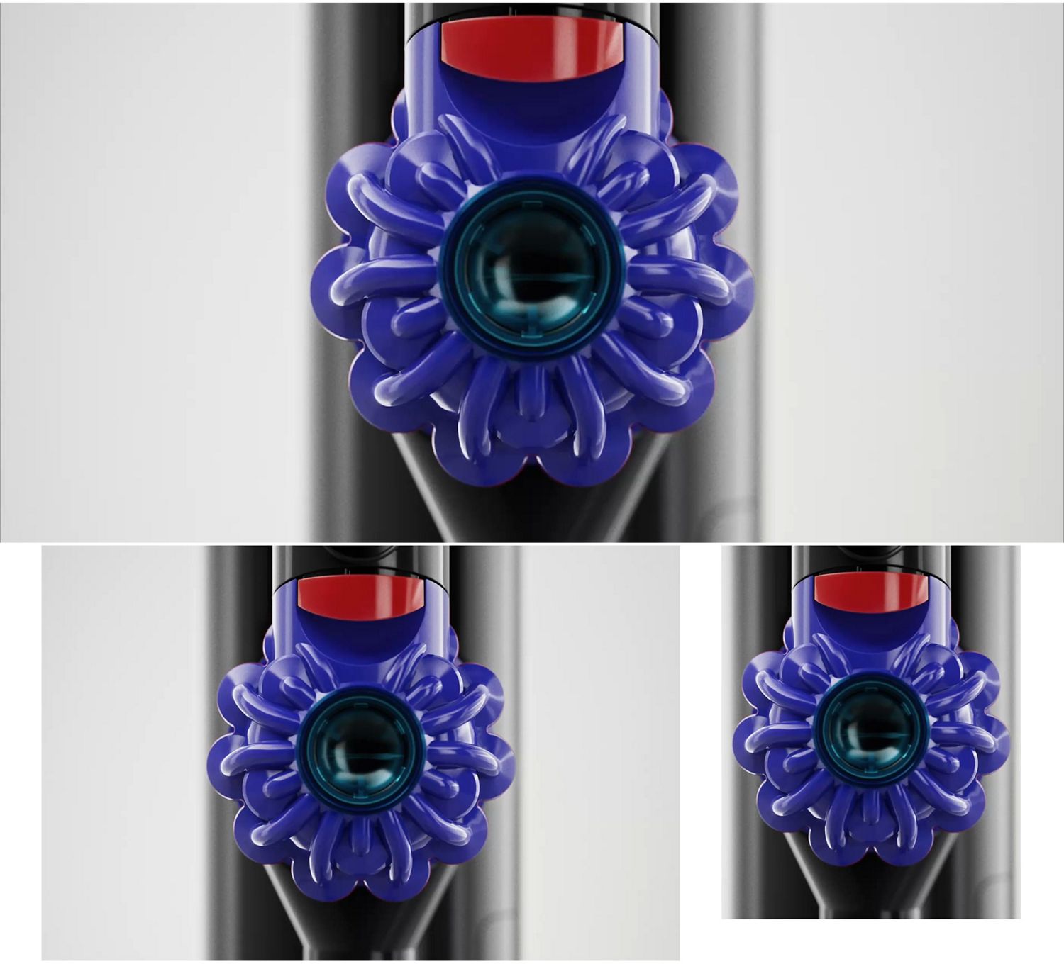 Close-up of the Dyson conical brush bars as they clean a hard floor.