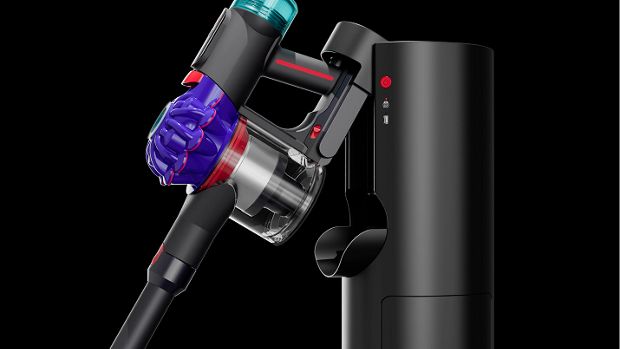The Dyson V10 vacuum is placed into the Auto-empty Dok.
