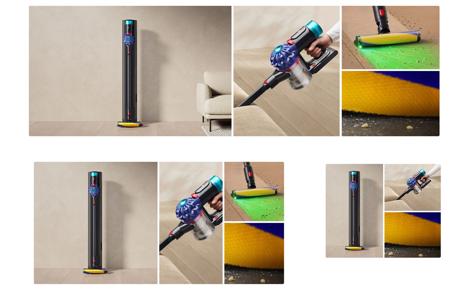 Auto-empty Dokに収納されたDyson V10 Optic™コードレス掃除機と、家の中を掃除している様子
