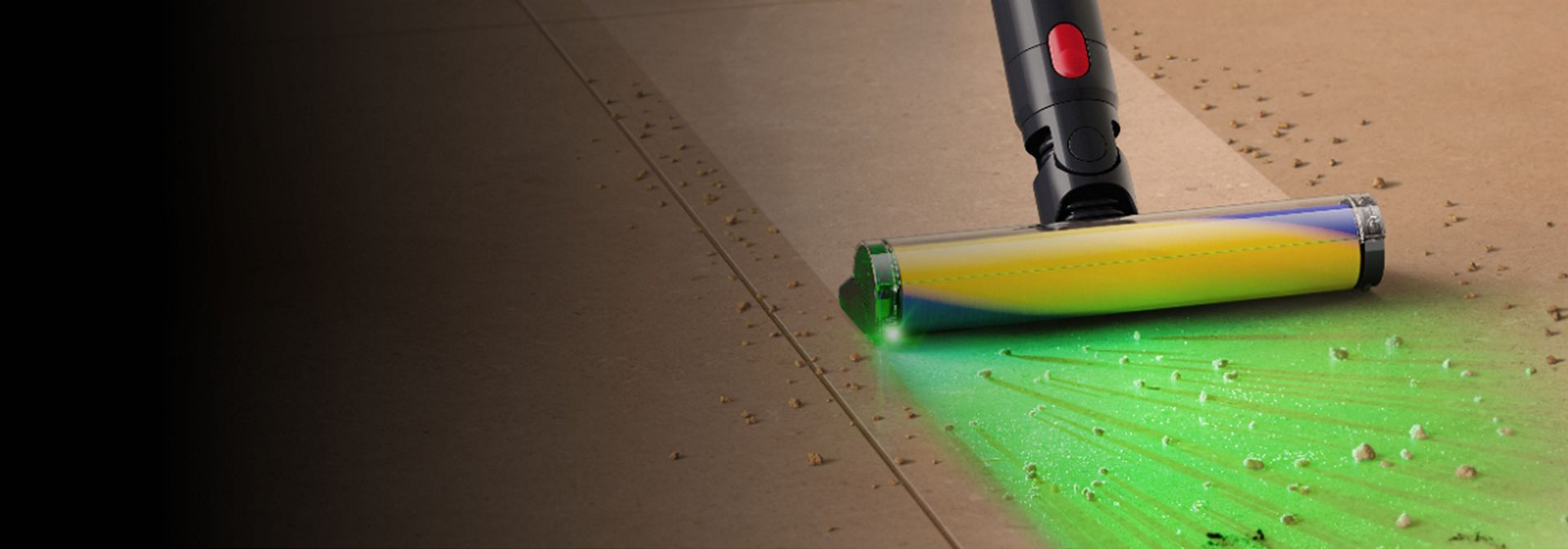 Dyson Fluffy Optic cleaner head illuminates dust and dirt on hard floors.