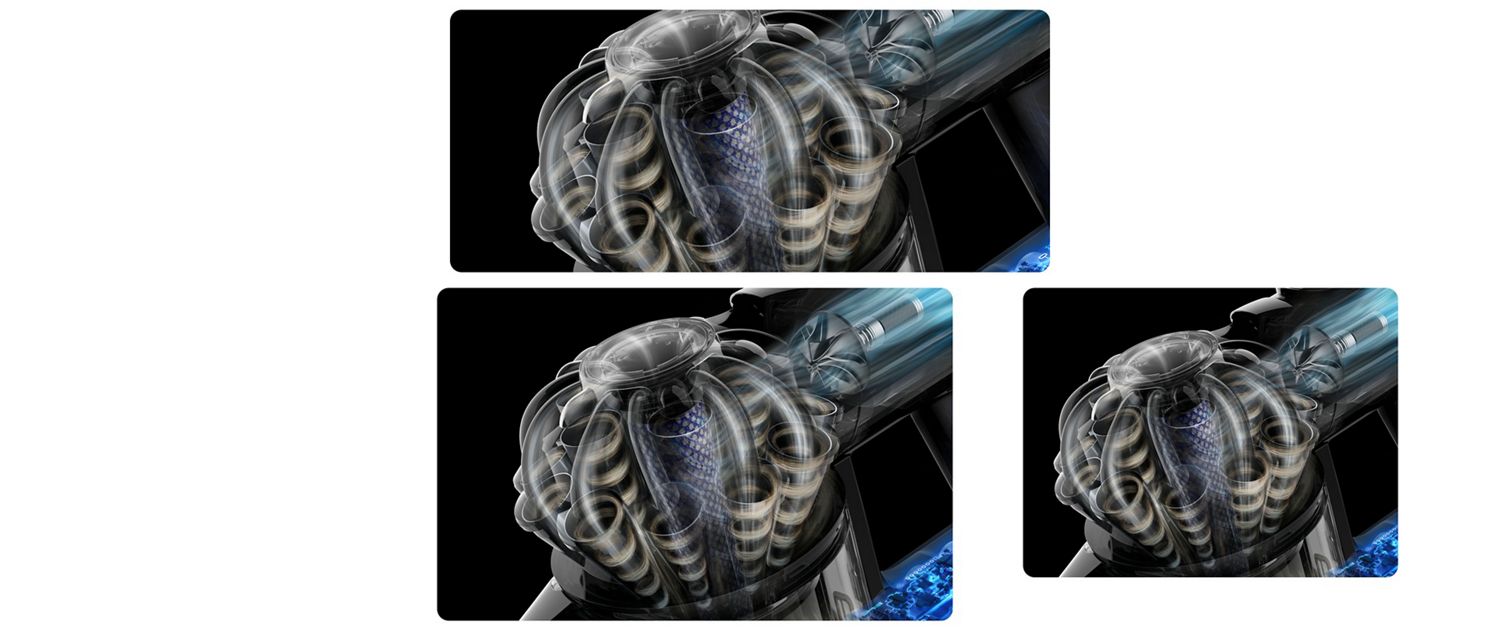 Eine technische Schnittdarstellung des V10 Konical Zyklons und Filters, bei der der Luftstrom hervorgehoben wird