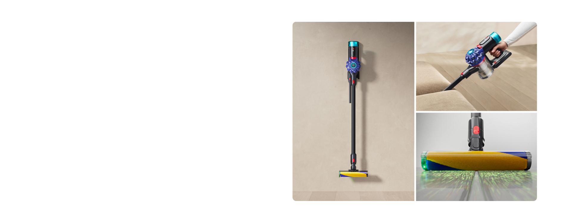 Dyson V10 Optic on its dock with highlights of handheld mode and the cleaner head.