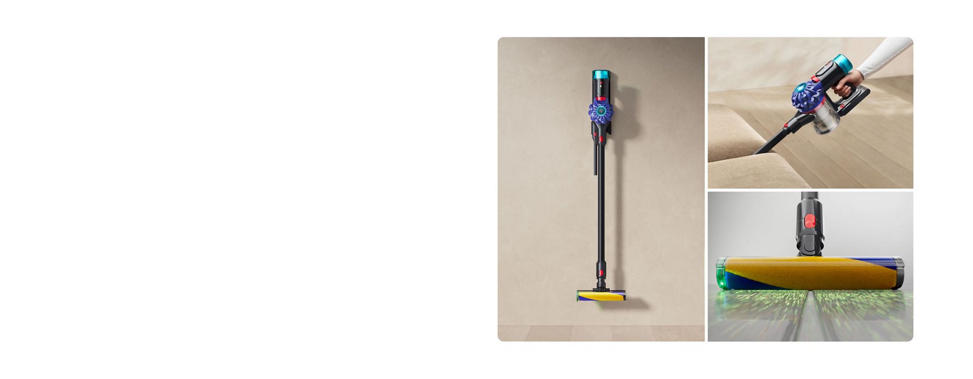 Dyson V10 Optic on its dock with highlights of handheld mode and the cleaner head.