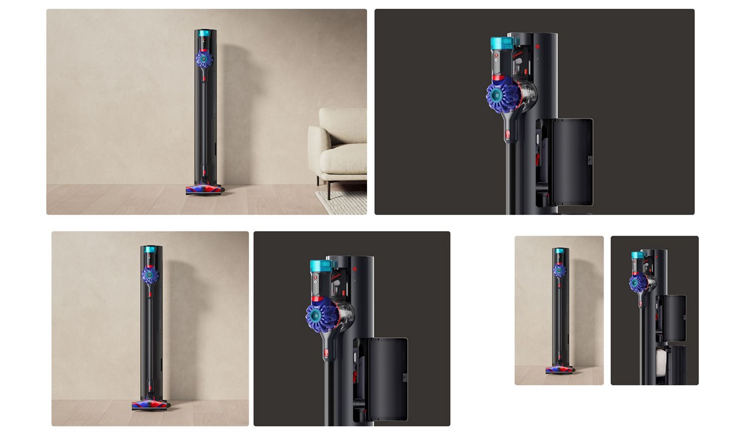The Dyson Cyclone V10 cordless vacuum in the Auto-empty Dok with compartments open for tools and the dust bin.