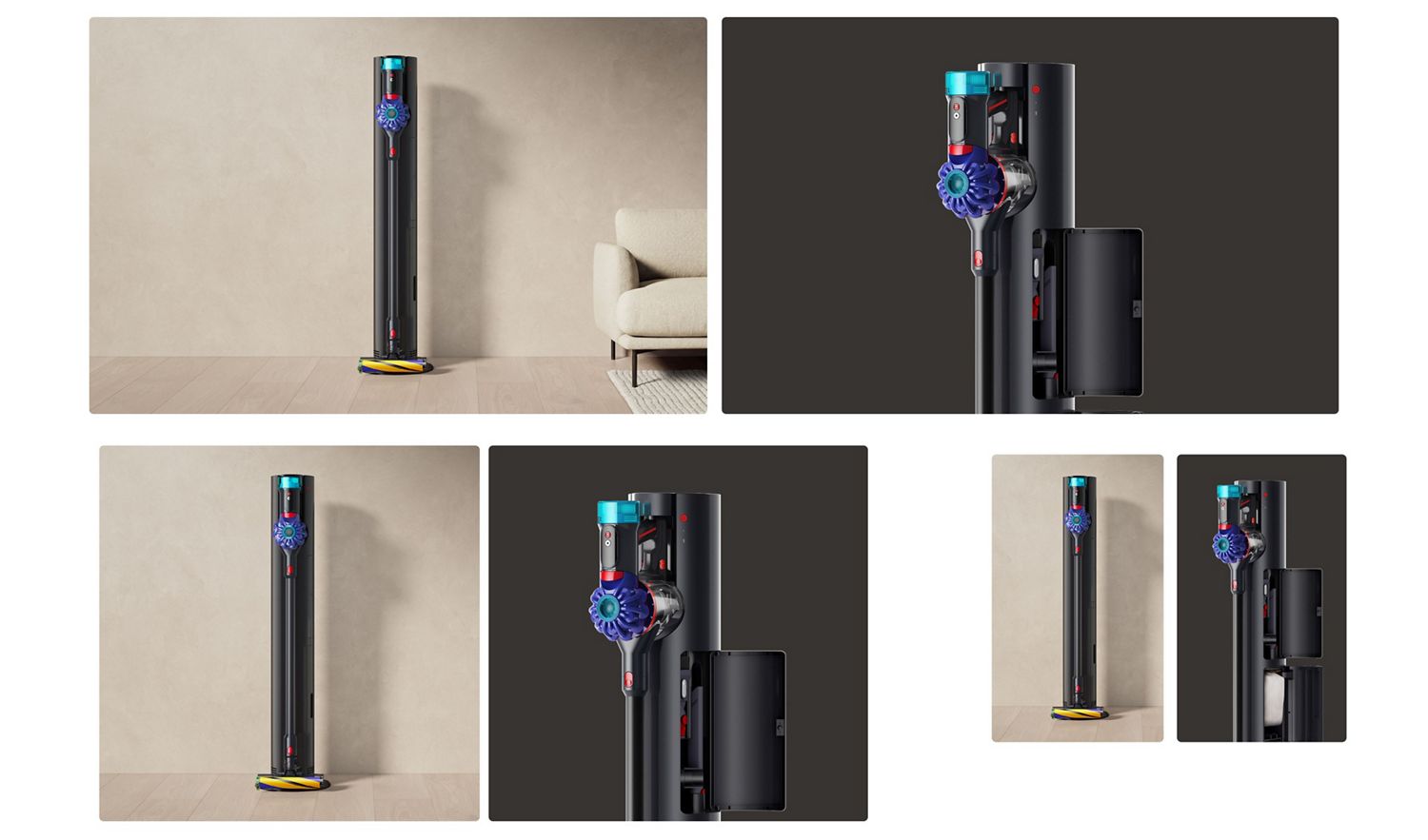 The Dyson V10 Optic™ cordless vacuum in the Auto-empty Dok with compartments open for tools and the dust bin.