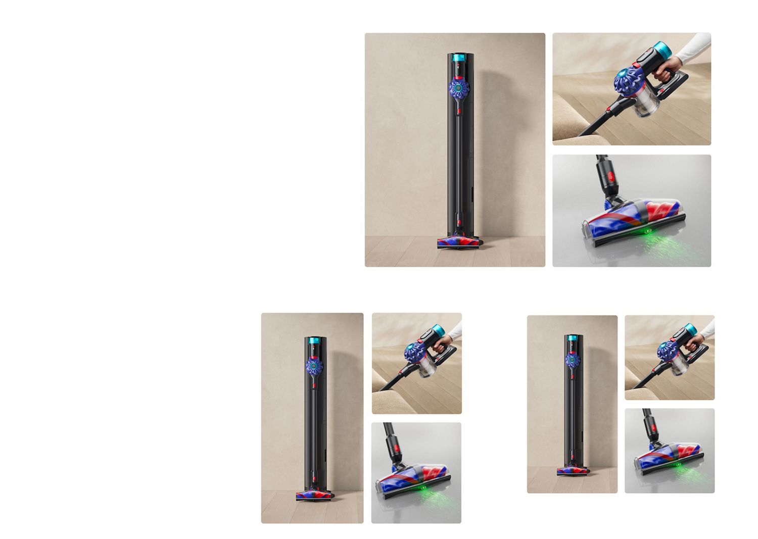 Dyson V10 Konical on its dock with highlights of handheld mode and the cleaner head.