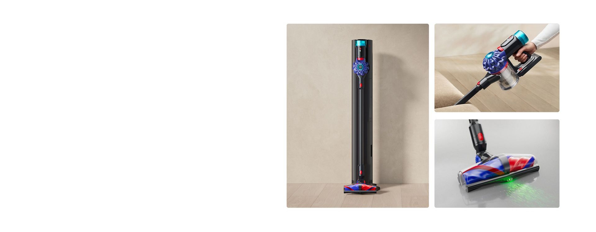 Dyson V10 Konical on its dock with highlights of handheld mode and the cleaner head.