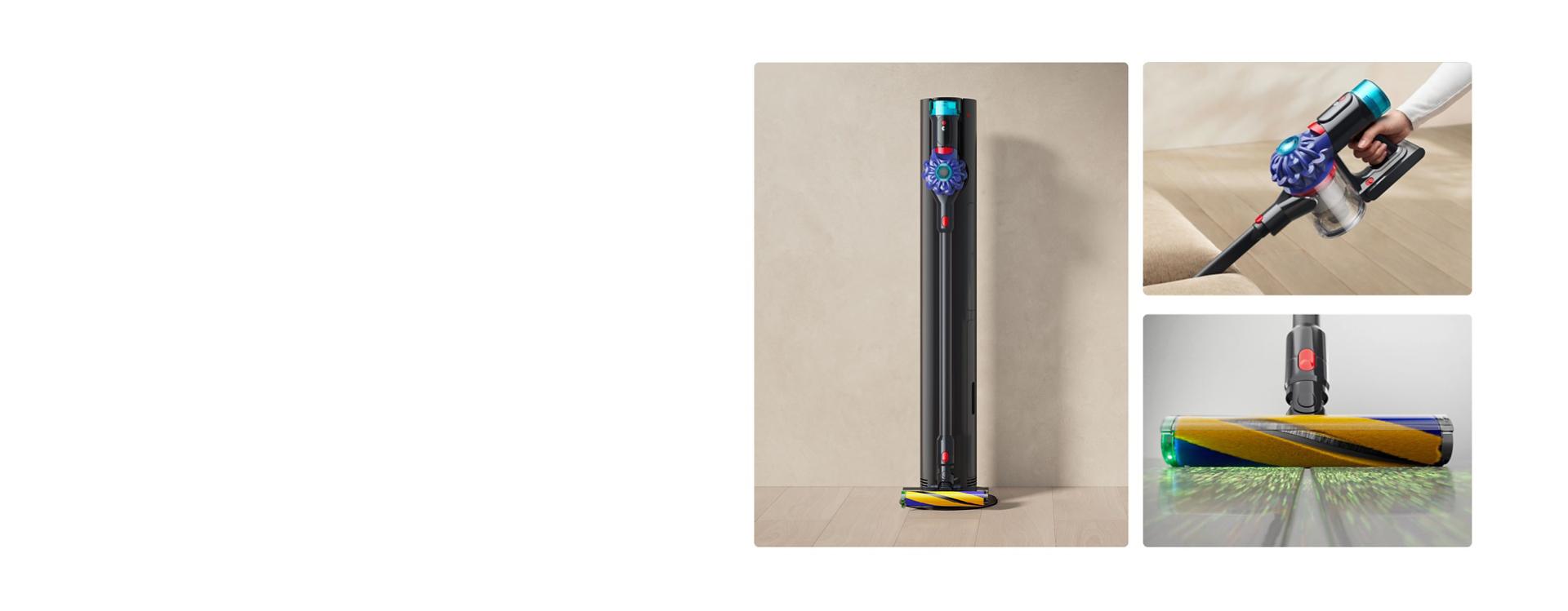 Dyson V10 Optic on its dock with highlights of handheld mode and the cleaner head.