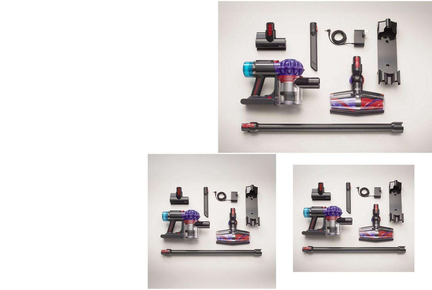 Dyson V10 vacuum and included tools and accessories.