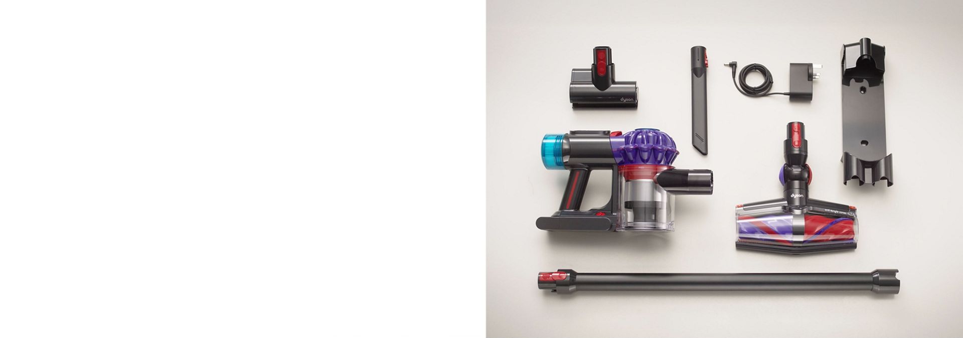 Dyson V10 vacuum and included tools and accessories.