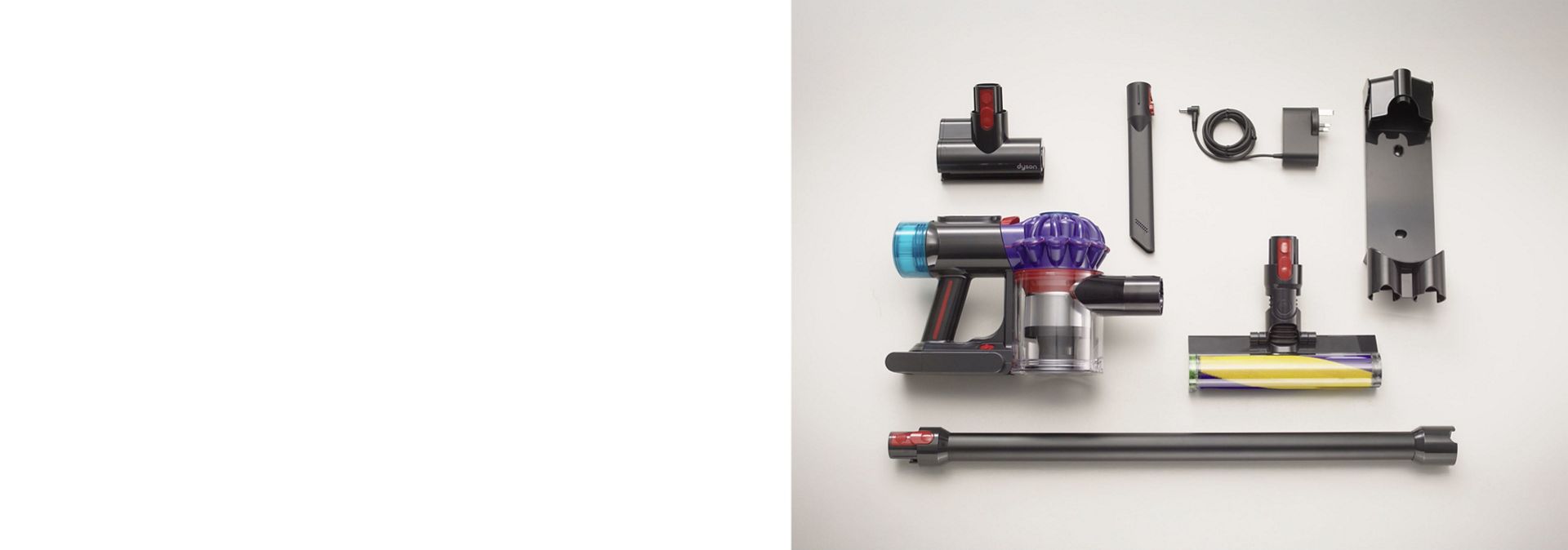 Dyson V10 vacuum and included tools and accessories.