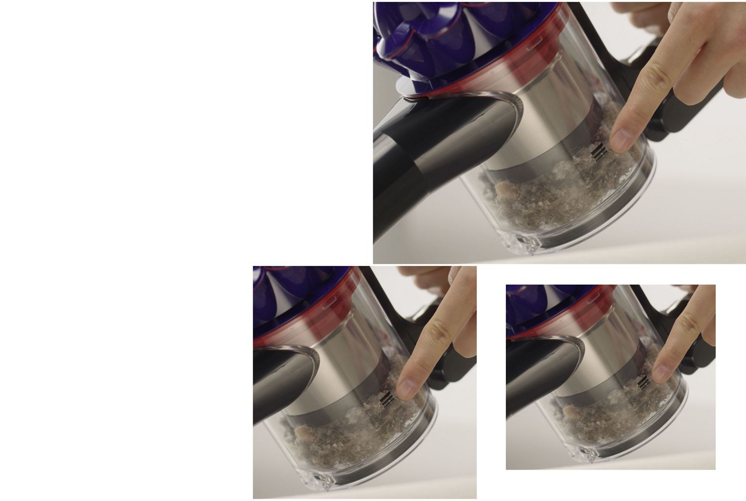 Dyson V10 vacuum is emptied into a bin.