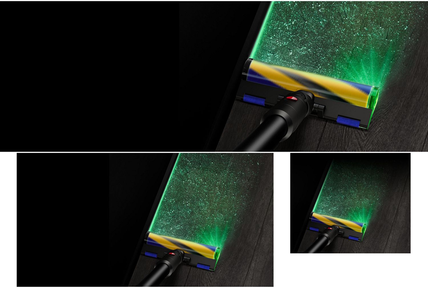 Dyson Fluffy Optic cleaner head illuminates dust and dirt on hard floors.