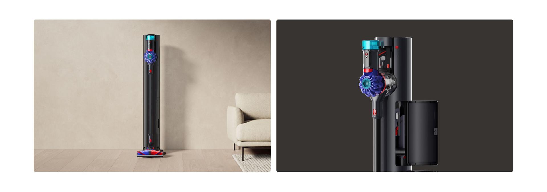 The Dyson Cyclone V10 cordless vacuum in the Auto-empty Dok with compartments open for tools and the dust bin.