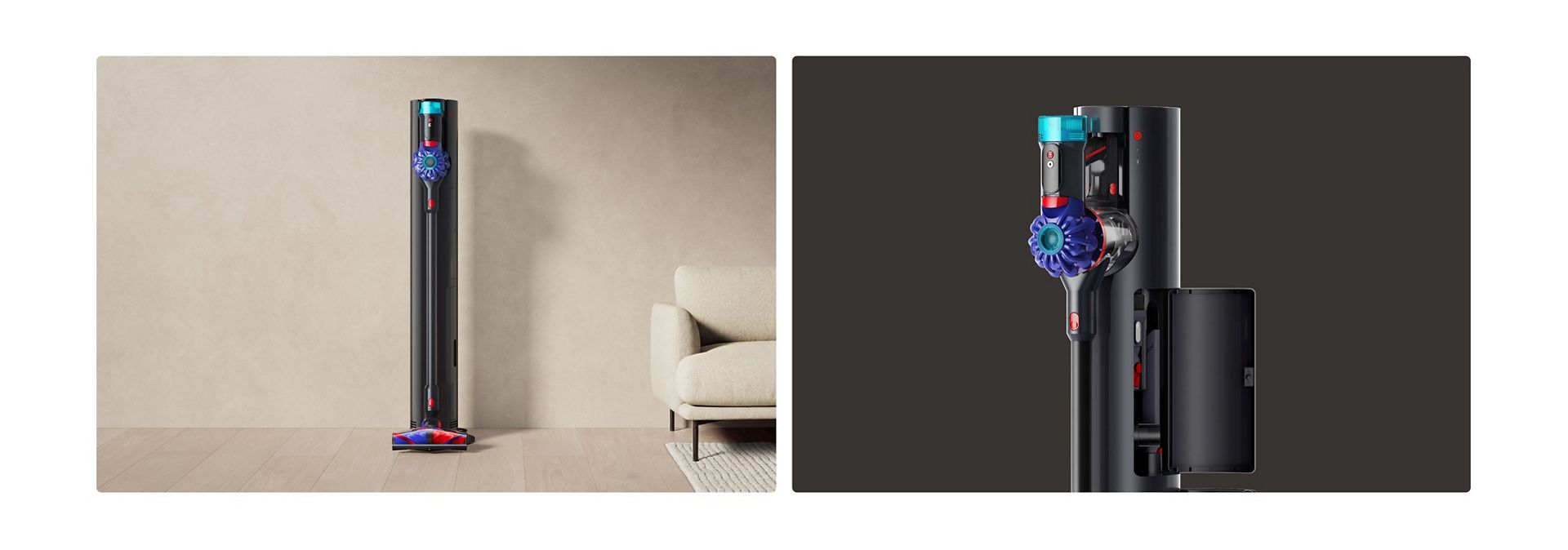 The Dyson Cyclone V10 cordless vacuum in the Auto-empty Dok with compartments open for tools and the dust bin.