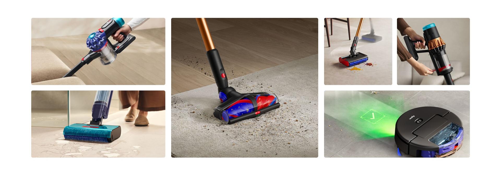 A range of Dyson cordless vacuums and wet floor cleaners.